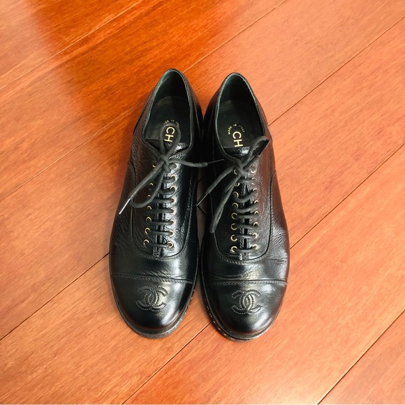 Chanel 20K crumpled Lambskin Cap toe Lace up Chain Around shoes black Eu 39.5 - Picture 4 of 16